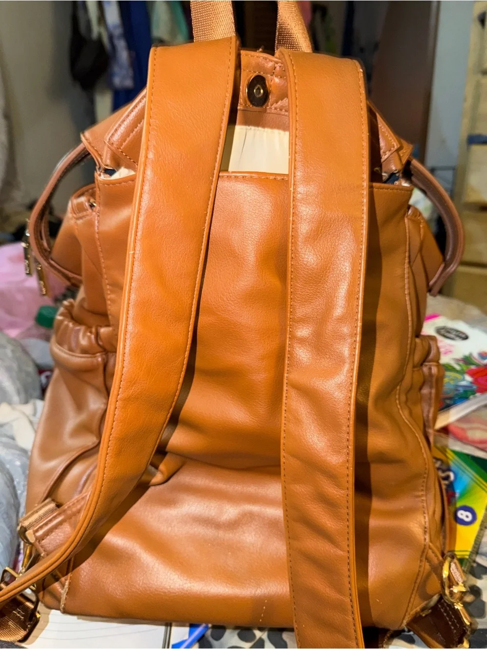 Miss Fong Tan Leather Diaper Backpack - Convertible Baby Bag